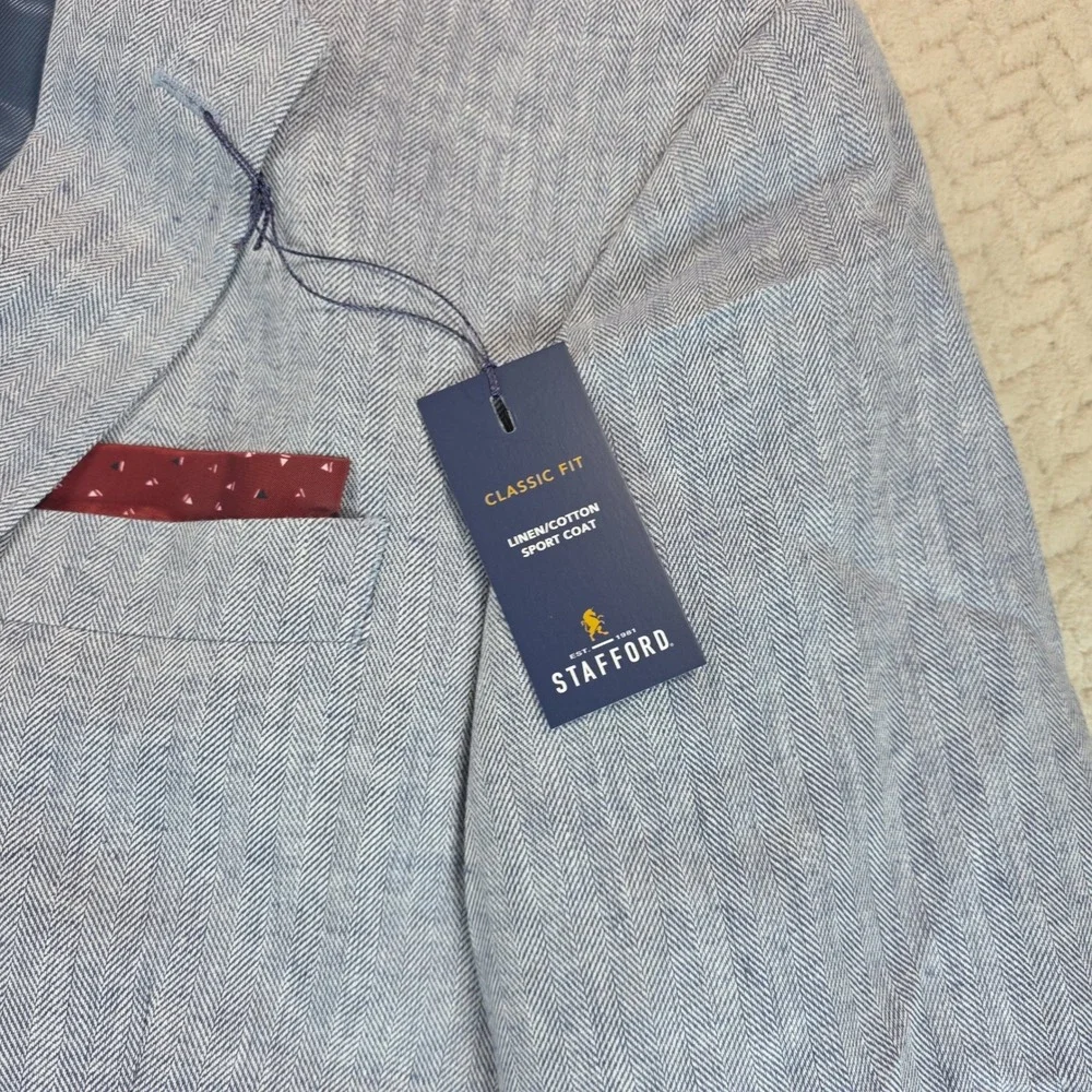 Stafford Men's Sport Coat Linen/Cotton Light Blue HB Sz 44 Regular NEW With Tags